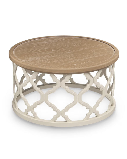 Bestco 30" Farmhouse Coffee Table, Round French Country Coffee Table, Distressed Wood Tray Top Vintage Coffee Table with Storage Shelf, Beige