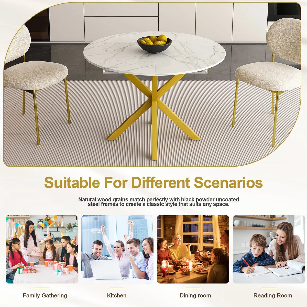 UHOMEPRO Extendable Dining Table with Extendable Blades, Modern Round Kitchen Table with Faux Marble Tabletop, Single Dining Room Table with Carbon Steel X-shaped Base for Dining Room, White+Gold