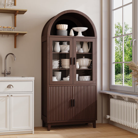 VEANERWOOD 71" Tall Arch Cabinet, Wood Fluted Kitchen Kitchen Storage Cabinet with 4 Doors and 6 Shelves for Dining Room Living Room