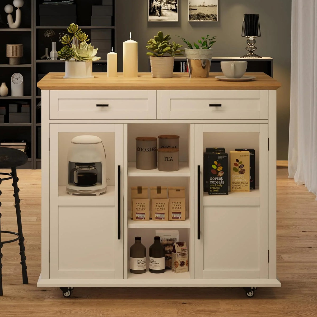 WALYWIK Foldable Kitchen Island Cart with Wheels, 2 Glass Doors, Spice Rack & Towel Holder �C Compact Mobile Storage Cart for Small Kitchens, Dining Rooms, Camping & RVs - Grey