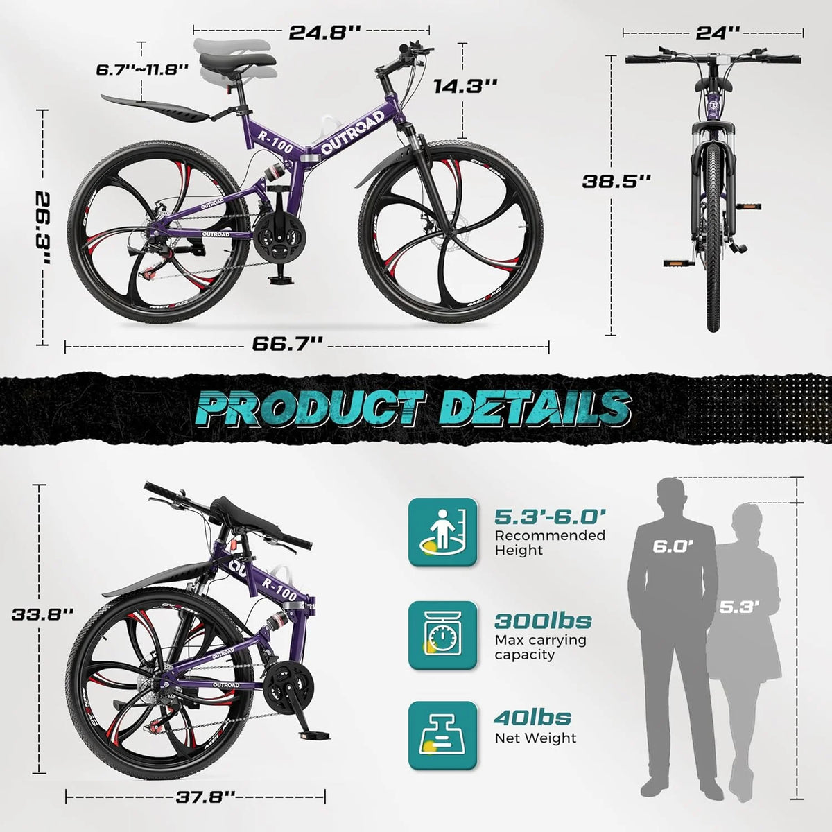 SUNCROWN 26 Inch Folding Mountain Bike, 21 Speed Full Suspension High-Carbon Steel MTB Foldable Bicycle, Dual Disc Brake Non-Slip Folding Bikes for Adults/Men/Women, Black