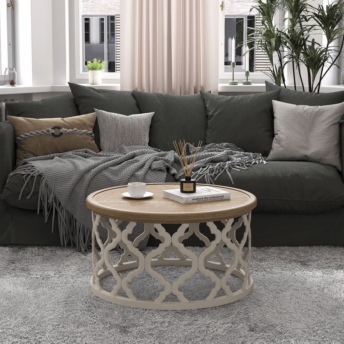 Bestco 30" Farmhouse Coffee Table, Round French Country Coffee Table, Distressed Wood Tray Top Vintage Coffee Table with Storage Shelf, Beige