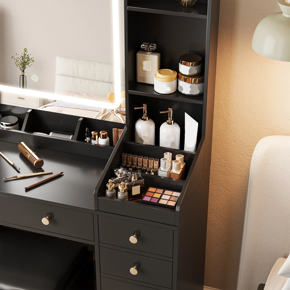 Vanity Set with Mirror and Lights, Makeup Table with Charging Station,5 Drawers & Storage Shelves, White