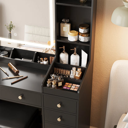 Vanity Set with Mirror and Lights, Makeup Table with Charging Station,5 Drawers & Storage Shelves, White