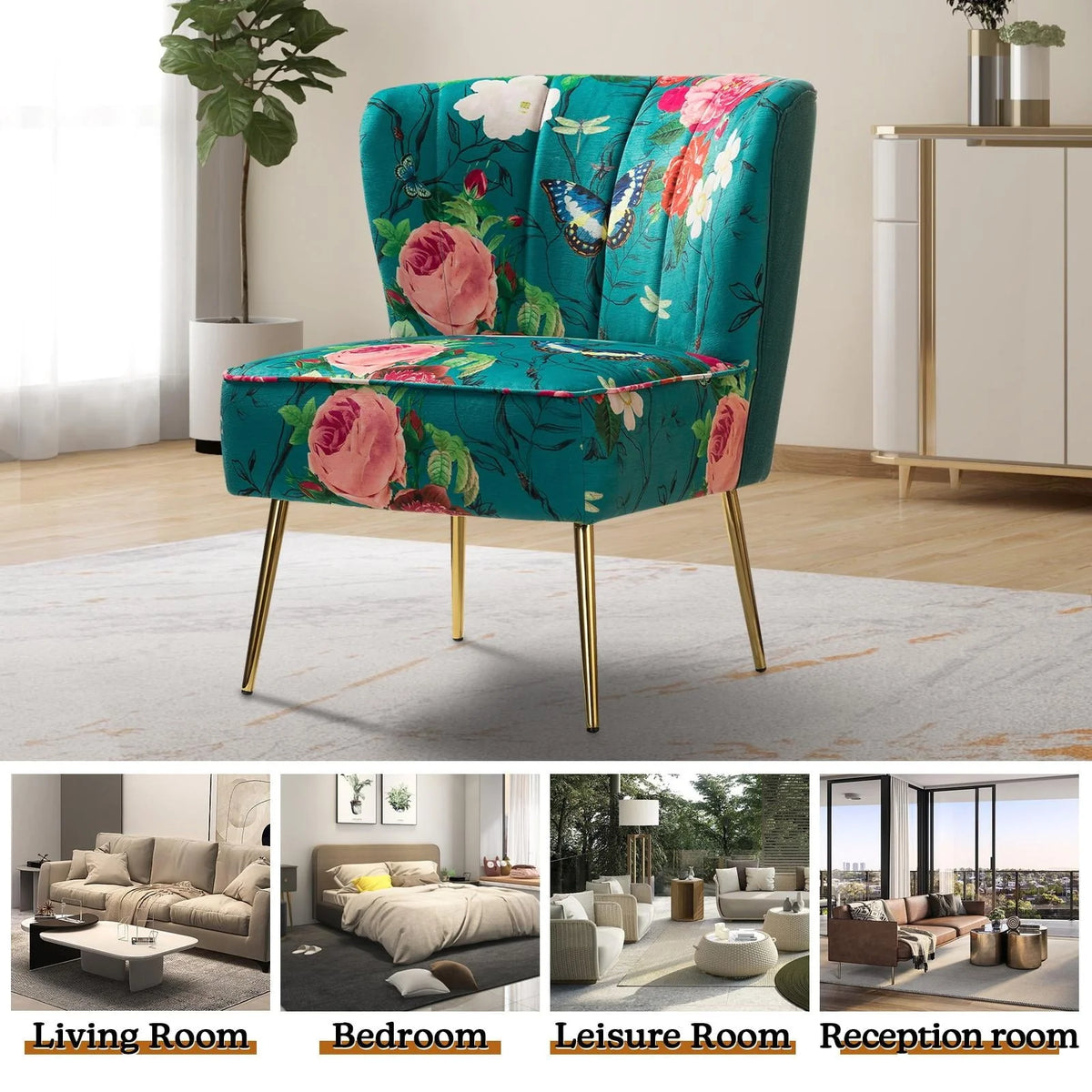 14 Karat Home Modern Floral Accent Armless Side Chair Metal Base Tufted Back Adult Bedroom Blue