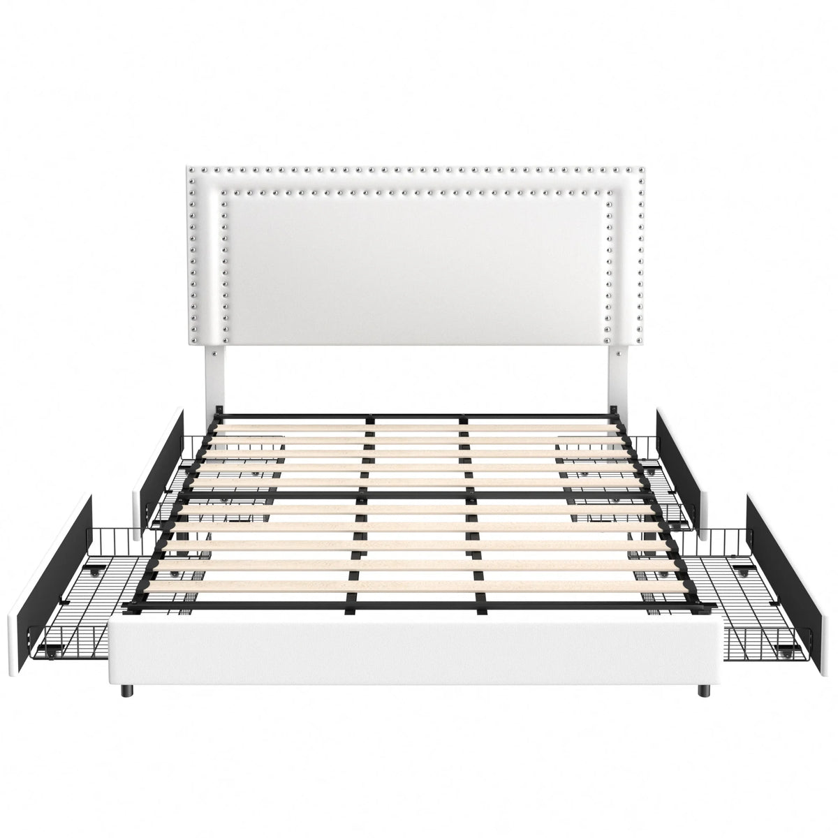VECELO Full Bed Frame with 4 Storage Drawers (Wheeled) and Tufted Upholstered Adjustable Headboard Platform Bed, Beige