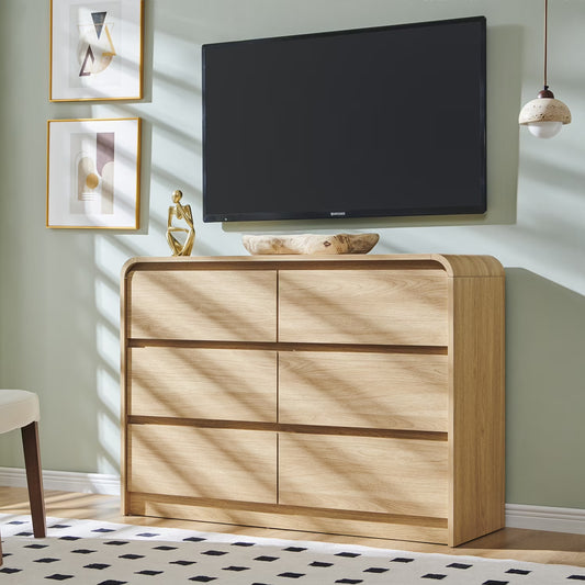 wow97e Modern 6 Drawers Dresser for Bedroom, 47" Wide Wood Chest of Drawers w/Curved Profile Design, for Bedroom, Living Room, Natural Oak