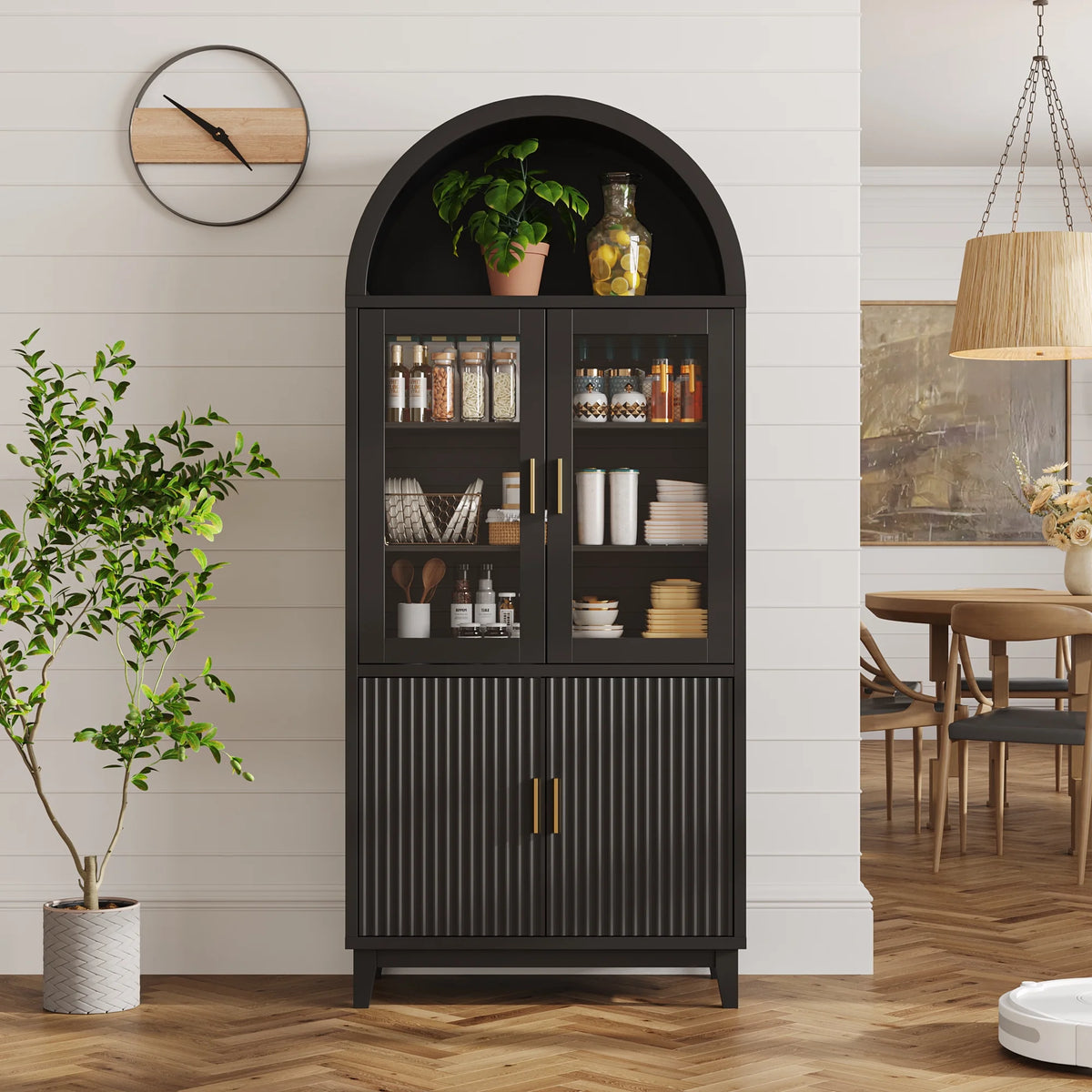 VEANERWOOD 71" Tall Arch Cabinet, Wood Fluted Kitchen Kitchen Storage Cabinet with 4 Doors and 6 Shelves for Dining Room Living Room