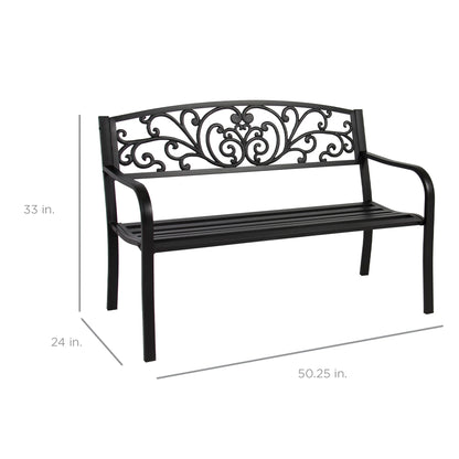 Best Choice Products Outdoor Steel Bench Garden Patio Porch Furniture w/ Floral Design Backrest - Black