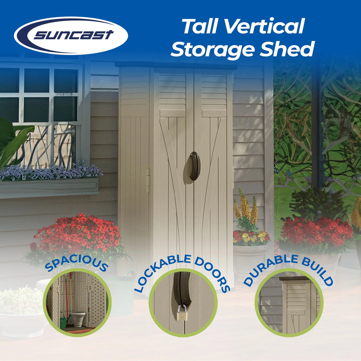 Suncast 22 Cubic Feet All-Weather Vertical Tall Outdoor Storage Shed, Brown
