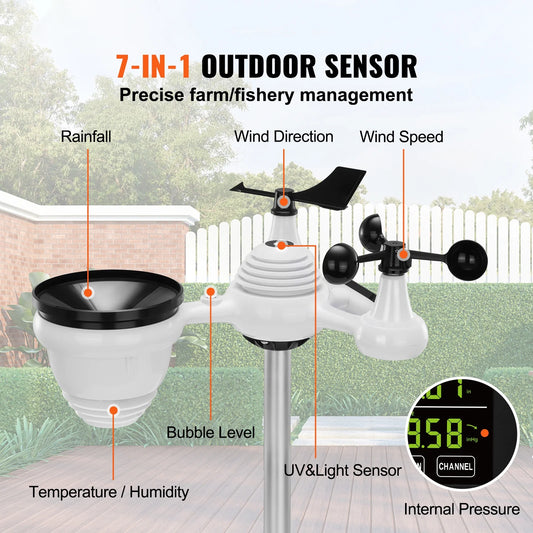 BENTISM 7 in 1 Wireless Weather Station, 7.5 inch HD Color Screen, Digital Weather Monitor for Indoor Outdoor with Temperature Humidity UV Predictive Alarm and Alerts