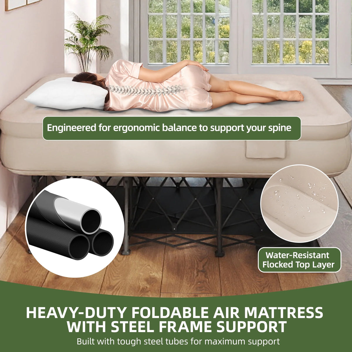 Uforic Inflatable Queen Air Mattress with Built-in Pump, Frame, Velvet Surface & Portable Storage Case, Khaki