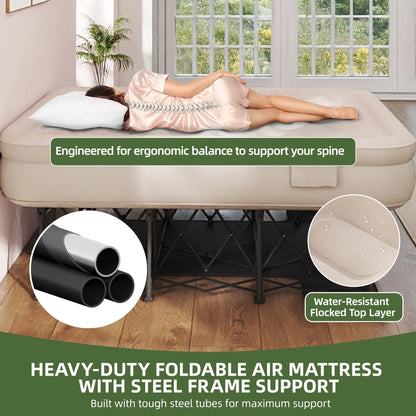 Uforic Inflatable Queen Air Mattress with Built-in Pump, Frame, Velvet Surface & Portable Storage Case, Khaki