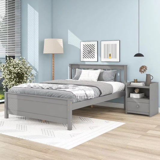 2-Pieces Bedroom Furniture Sets, Twin Size Platform Bed Frame with Headboard and Footboard, Nightstand with Storage Drawer, White