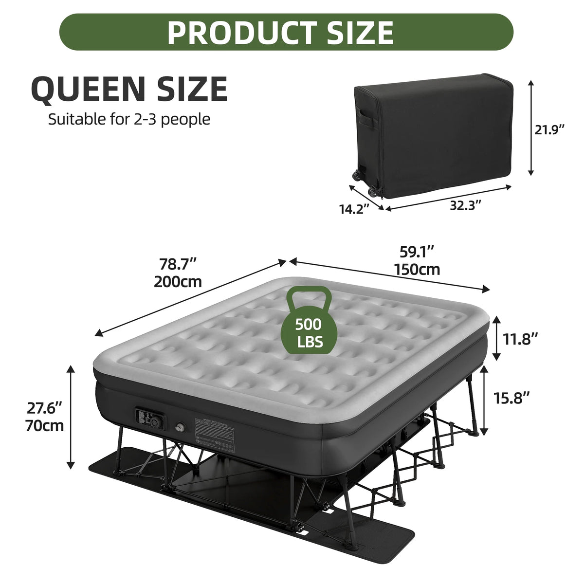 Uforic Inflatable Queen Air Mattress with Built-in Pump, Frame, Velvet Surface & Portable Storage Case, Khaki