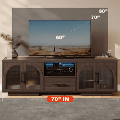 TV Stand for 75 inch TV, LED TV Stand for Living Room,70" Entertainment Center with Arched Glass Doors, Faux Marble Wood Finish Top, Adjustable Shelves, and LED Lighting, Black