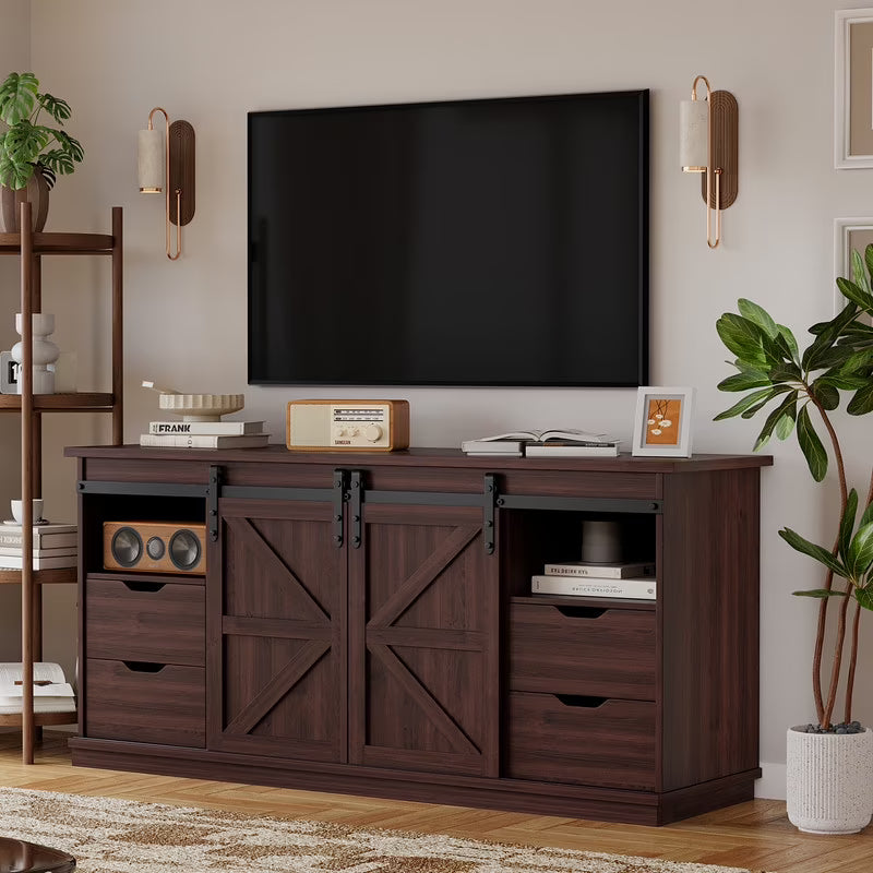 Vineego 70 inch Farmhouse TV Stand for Living Room, Entertainment Center with Sliding Barn Doors & 4 Storage Drawers, Adjustable Shelves Rustic Media Console for Bedroom,White