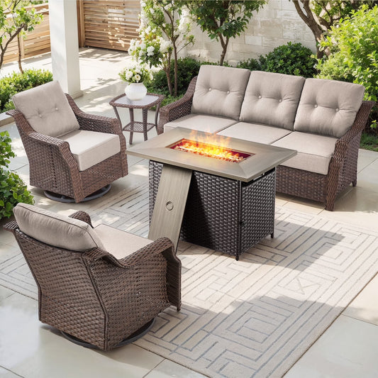 Bellefurn Outdoor Patio Furniture Set with Fire Pit and Swivel Rocker Chair,High-Back Wicker Outdoor Conversation Sets with 3 Seater Couch and Side Table Set for Porch,Deck,Garden