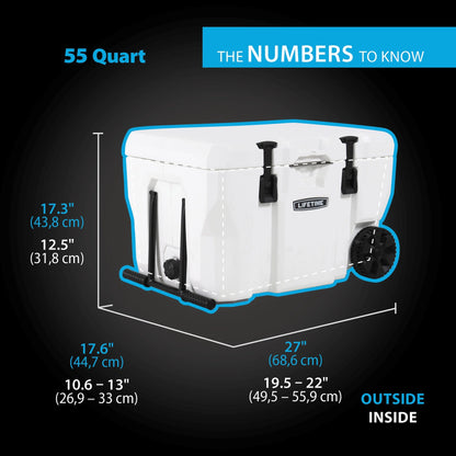 Lifetime 55 qt Bear-Resistant Camping Cooler Wheeled, Premium High Performance, Ice Retention, Hard Cooler, 60 Can Capacity, White (91072)