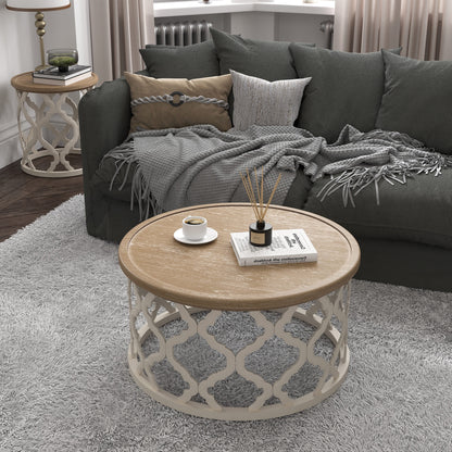 Bestco 30" Farmhouse Coffee Table, Round French Country Coffee Table, Distressed Wood Tray Top Vintage Coffee Table with Storage Shelf, Beige