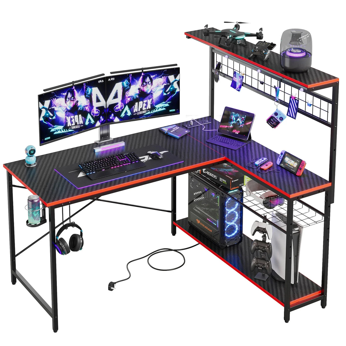 Bestier 51 L Shaped Gaming Desk with Power Outlets & LED Light, Computer Desk with 4 Tiers Shelves for Home Office, Reversible Gamer Table with Hooks and Cup Holder, Carbon Fiber