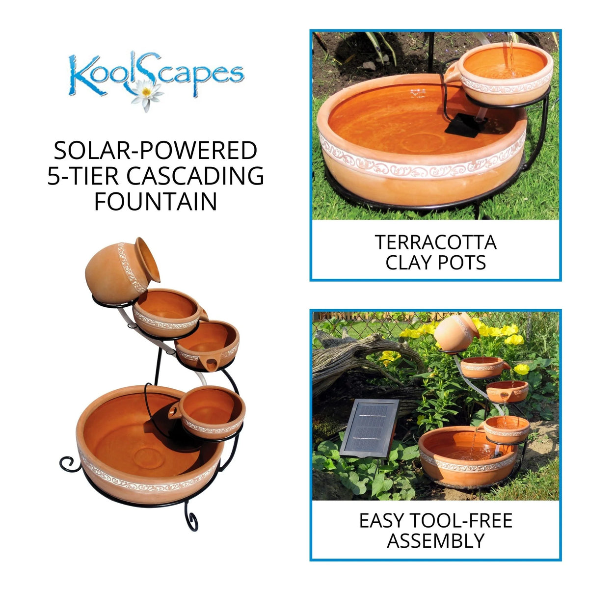 KoolScapes Outdoor Solar-Powered 5-Tier Cascading Water Fountain- Finish, Brown