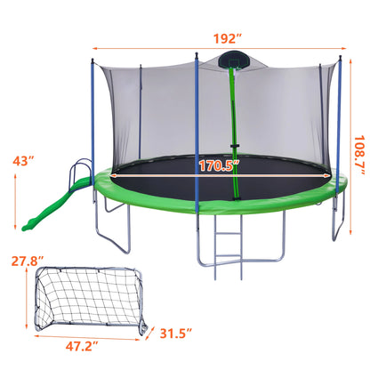 12FT Trampoline with Slide, Swings, SEGMART Recreational Trampoline with Basketball Hoop and Ladder, Heavy Duty Outdoor Backyard Trampoline with Net for Kids and Adults, Green