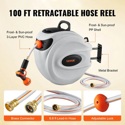 VEVOR Retractable Hose Reel, 100 ft x 1/2 inch, 180�� Swivel Bracket Wall-Mounted, Garden Water Hose Reel with 9-Pattern Nozzle, Automatic Rewind, Lock at Any Length, and Slow Return System