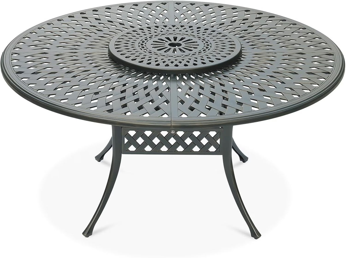 VIVIJASON Outdoor 61" Patio Dining Table for 6-8 Person, Large Patio Round Dining Table with 24" Lazy Susan, Dark Bronze Cast Aluminum Rustic Patio Table W/Umbrella Hole for Balcony, Porch and Deck