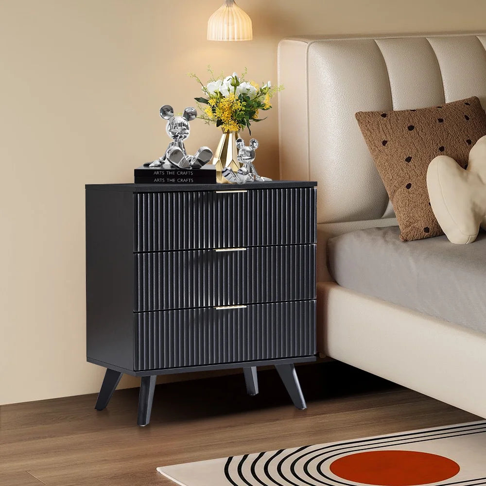 YOCWO Fluted Nightstand for Bedroom Set of 2 , Wood Bedside Table Set of 2 with Drawers, Black