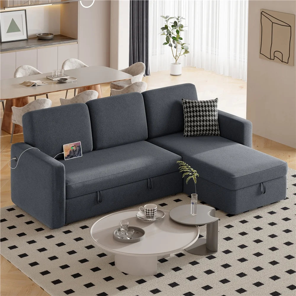 Alden Design Reversible Sectional Sofa with USB & Type-C Ports for Livingroom, Light Gray