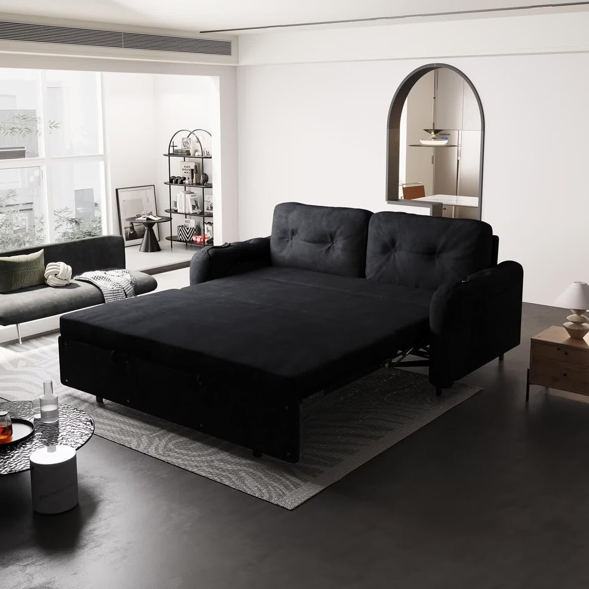 Tabaray 63.8" Futon Sofa Bed Queen Size, Pull Out Bed, 3-in-1 Convertible Sleeper Sofa with Side Pocket, Modern Plush Velvet Futon Couch for Living Room, Small Space, Apartment, Bedroom, Black