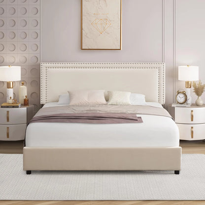 VECELO Full Bed Frame with 4 Storage Drawers (Wheeled) and Tufted Upholstered Adjustable Headboard Platform Bed, Beige