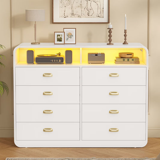 8 Drawers Dresser, Modern Chests Of Drawers with LED Lights, Curved Design for Living Room, Bedroom, White