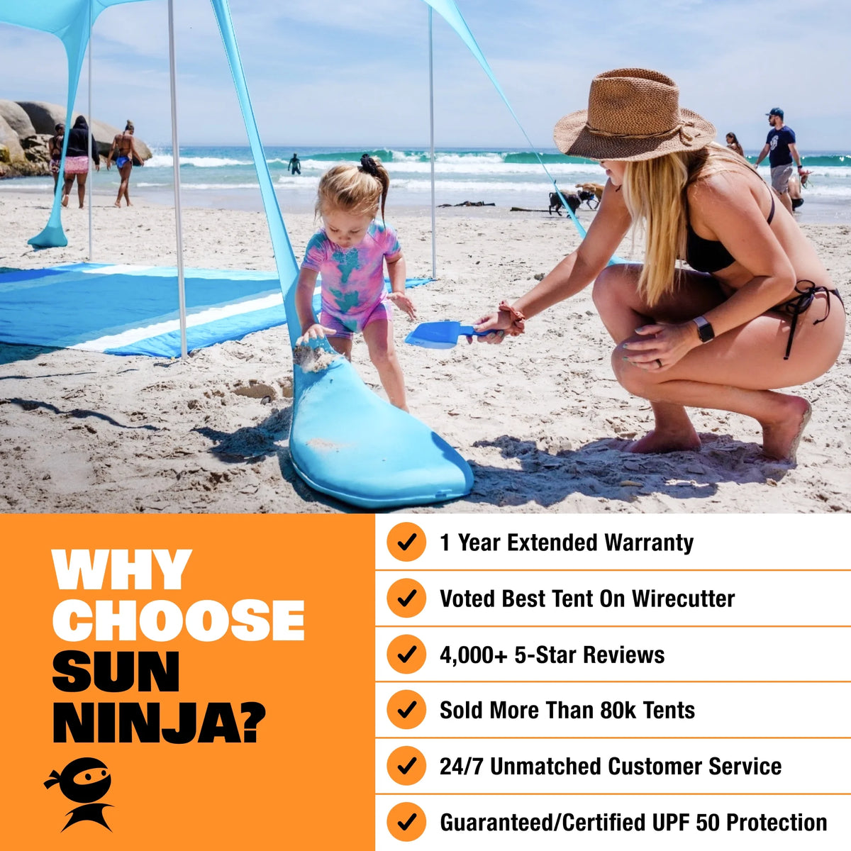 SUN NINJA 10x10.5 FT Pop-Up Beach Tent with Sand Shovel, Pegs & Stability Poles �C Navy Blue Sun Shelter for Beach, Camping & Outdoor Activities
