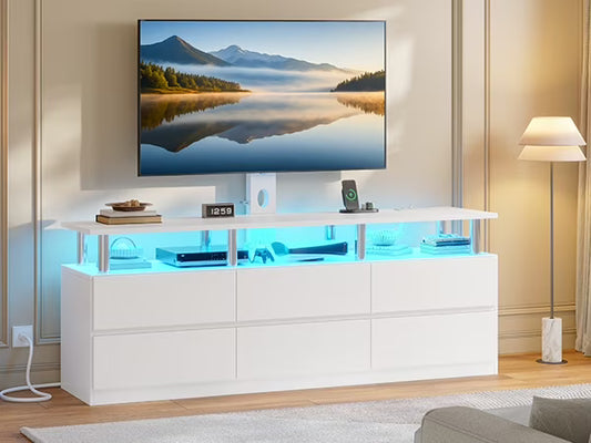 Afuhokles TV Stand with Mount and Power Outlet, TV Mount for up to 75 inch TVs, Modern LED TV Stand with 6 Drawers, Black