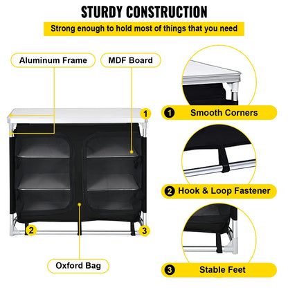 Camping Kitchen Station, Aluminum Portable Folding Cook Table with Storage Organizer and Carrying Bag, Quick Installation for Outdoor BBQ Party Backyards and Tailgating, Black