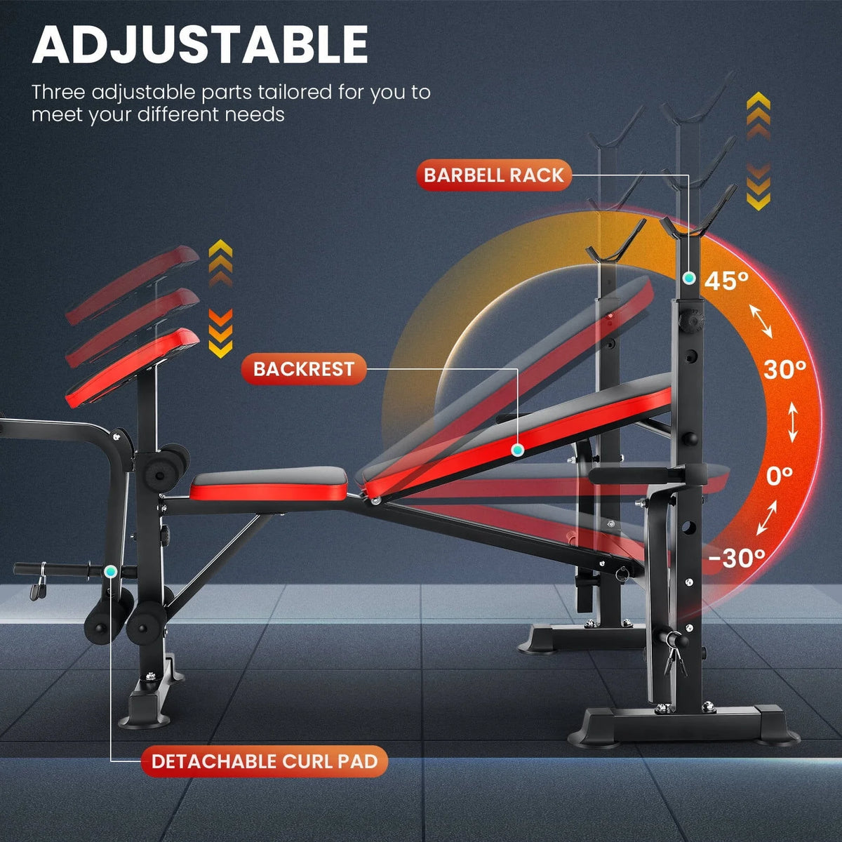 VIBESPARK Adjustable Weight Bench 600lbs 5-in-1 Foldable Workout Bench Set with Barbell Rack Leg Developer Preacher Curl Rack Dumbbell Fly Attachment, Multi-Function Strength Training Bench Press