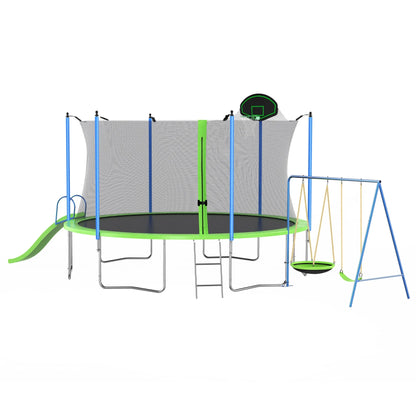 12FT Trampoline with Slide and Swings, Large Outdoor Backyard Trampoline with Basketball Hoop and Ladder for Kids and Adults