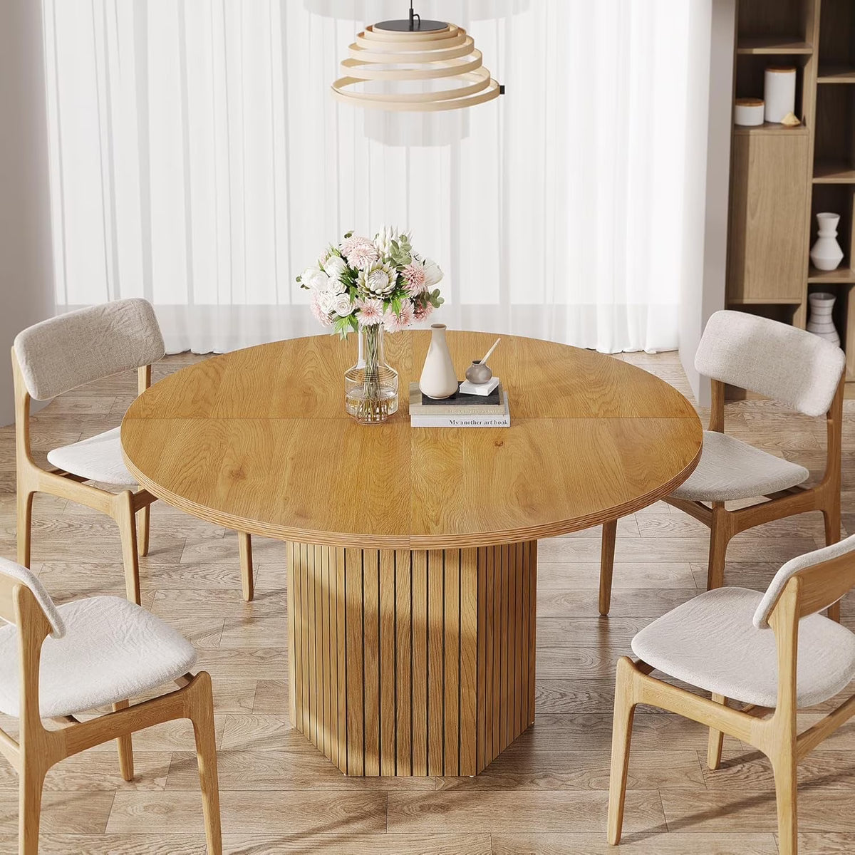 Tribesigns Round Dining Table for 4 People, 47 inch Kitchen Table with Heavy Duty Pedestal Base Circle Oak Tabletop for Kitchen Living Room, Oak