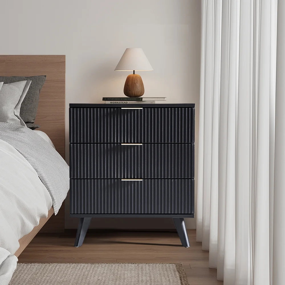 YOCWO Fluted Nightstand for Bedroom Set of 2 , Wood Bedside Table Set of 2 with Drawers, Black