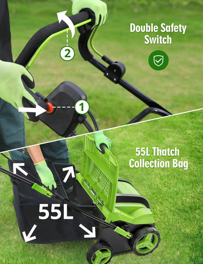 SWIPESMITH 16�� 15 Amp Electric Dethatcher Scarifier, Lawn with 5-Position Depth Adjustment, 14.5 Gal Removable Thatch Collection Bag, Quick-Fold, Keeps Health