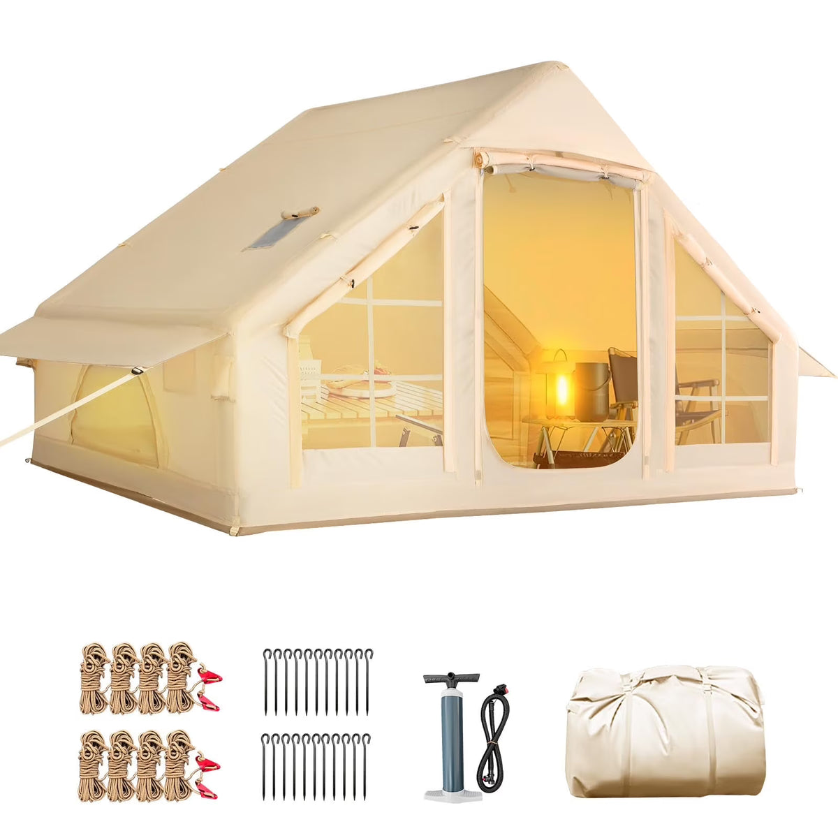 Yoleny 12'x8' Inflatable Tent, 96 SFT Blow Up Tent for Camping, 4 Season Oxford Glamping Tents with Clear Skylight, Pump & Stove Jack