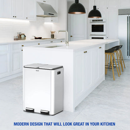 Tzumi Dual-Compartment Recycling Bin Stainless Steel Trash Can for Kitchen, 16 Gallon Total