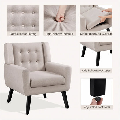 Topeakmart 2PCS Modern Upholstered Accent Armchair with Solid Wood Legs for Living Room, Beige