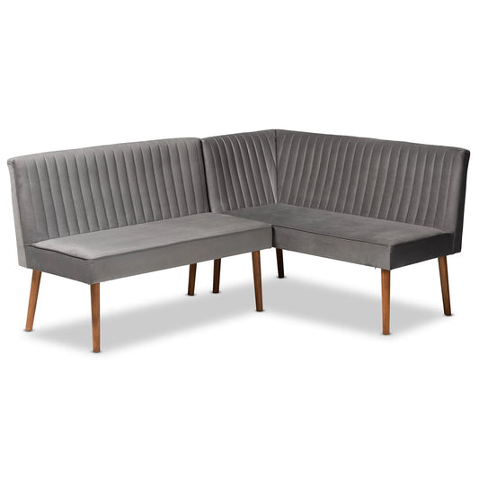 Baxton Studio Alvis Mid-Century Modern Grey Velvet Upholstered Back 2-Piece Dining Corner Bench