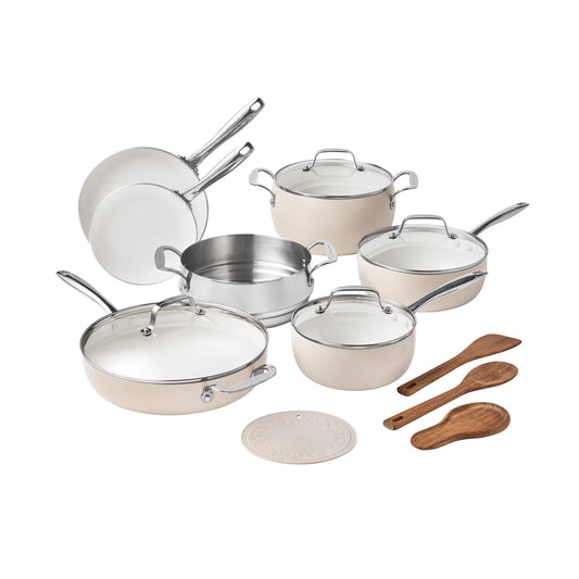 The Pioneer Woman Harlow 15-Piece Cookware Set, Ceramic Non-Stick Pots and Pans Set, Taupe