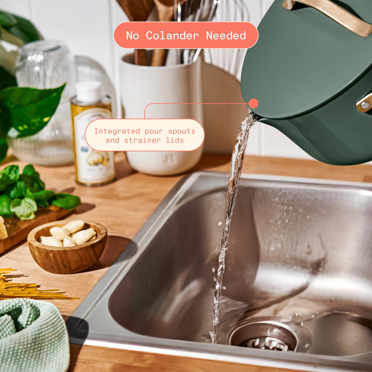 Beautiful 12pc Ceramic Non-Stick Cookware Set with Strainer Lids, White Icing by Drew Barrymore