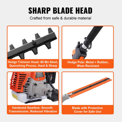 VEVOR 26CC 5-in-1 Multi-Functional Trimming Tools, Gas Hedge Trimmer, Weed Eater, String Trimmer, Edger, Pole Saw Chainsaw Pruner with Extension Pole