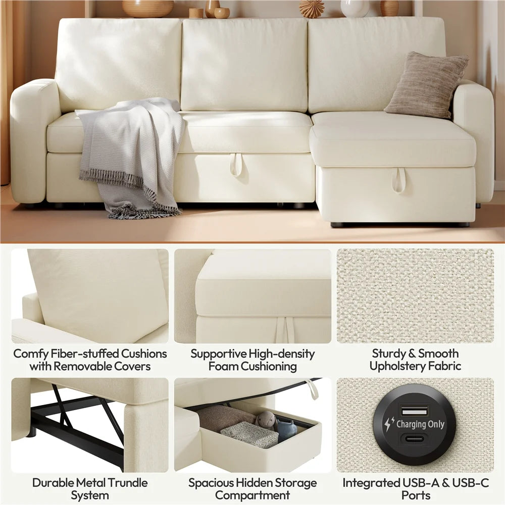 Alden Design Reversible Sectional Sofa with USB & Type-C Ports for Livingroom, Light Gray